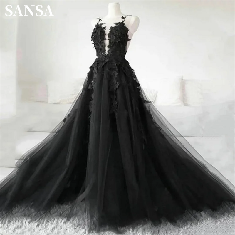 Sansa-A-Line Gothic Prom Dress, vestido preto sem mangas, lado dividido, bordado 3D, vestido de noiva