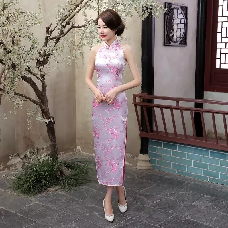 Chinesische National lange Cheong sam, Pflaume Satin, Vintage Kostüm, Halter Kleid, elegante Frauen Kleider, Qipao
