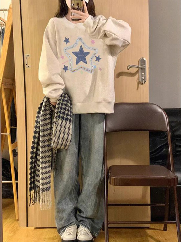 Deeptown Y2K Vintage Star bluzy z grafiką damskie Harajuku Kawaii Oversized bluzy koreańskie luźne bluzy na co dzień Grunge Streetwear