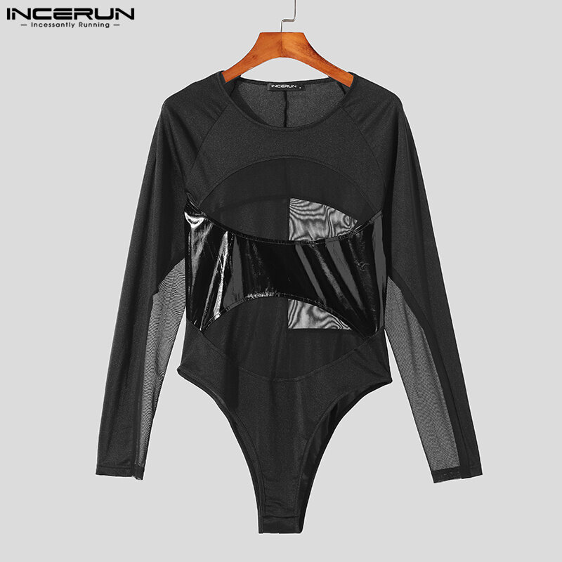 INCERUN 2023 Sexy Style Men's Homewear Mesh Splicing See-through Jumpsuits Casual Stylish Triangle Long Sleeved Bodysuits S-3XL