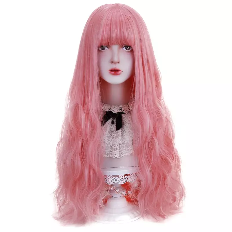 Aicker lange gewellte synthetische Kupfer rosa braun, Haar Perücken mit Pony für Frauen Lolita Cosplay Kostüm Party Halloween
