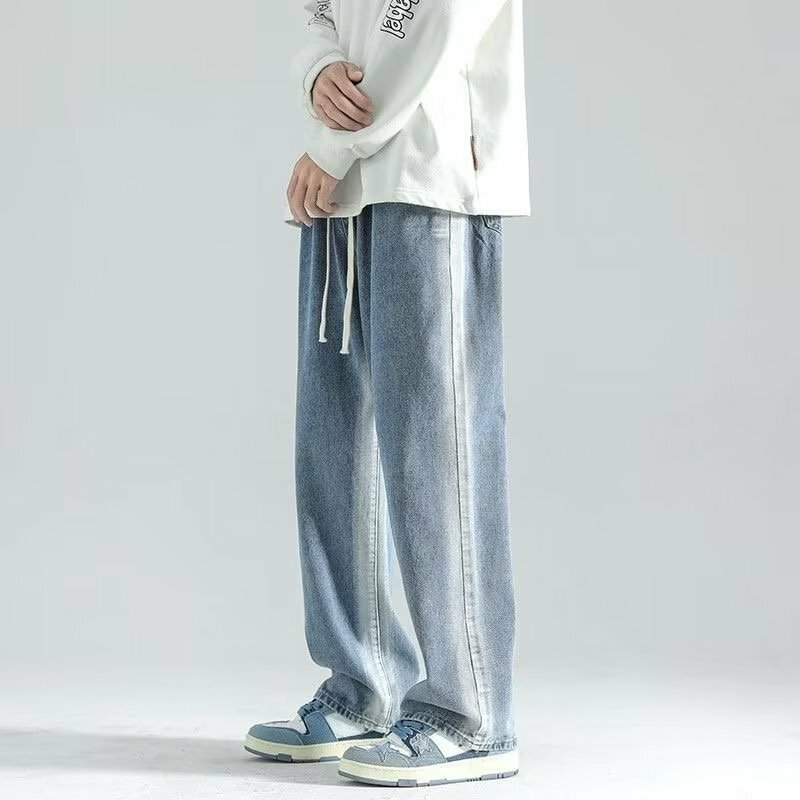 Retro Light Color Gradient Jeans Men's Spring Autumn High Street Versatile Mop Trousers Fashion  Loose Straight Pants Teenagers