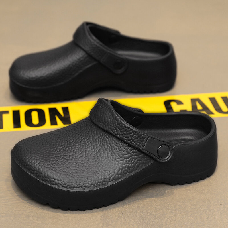 Men Slippers Outdoor Men Slides Waterproof Chef Shoes Summer Non-Slip Beach Sandals PU Black Plus Size 38-45