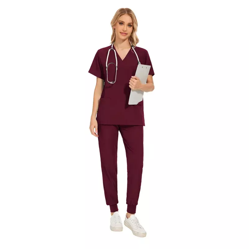 여성용 V넥 반팔 스크럽 수술 간호 유니폼, 간호사 포켓 작업복, 치과 의사 의료 유니폼, 클리닉 스크럽 세트
