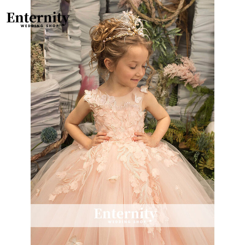 Princesse Enfant Illusion Back a-line Appliques di pizzo bottone Scoop Neck Flower Girl Dress abiti da terra Para nias