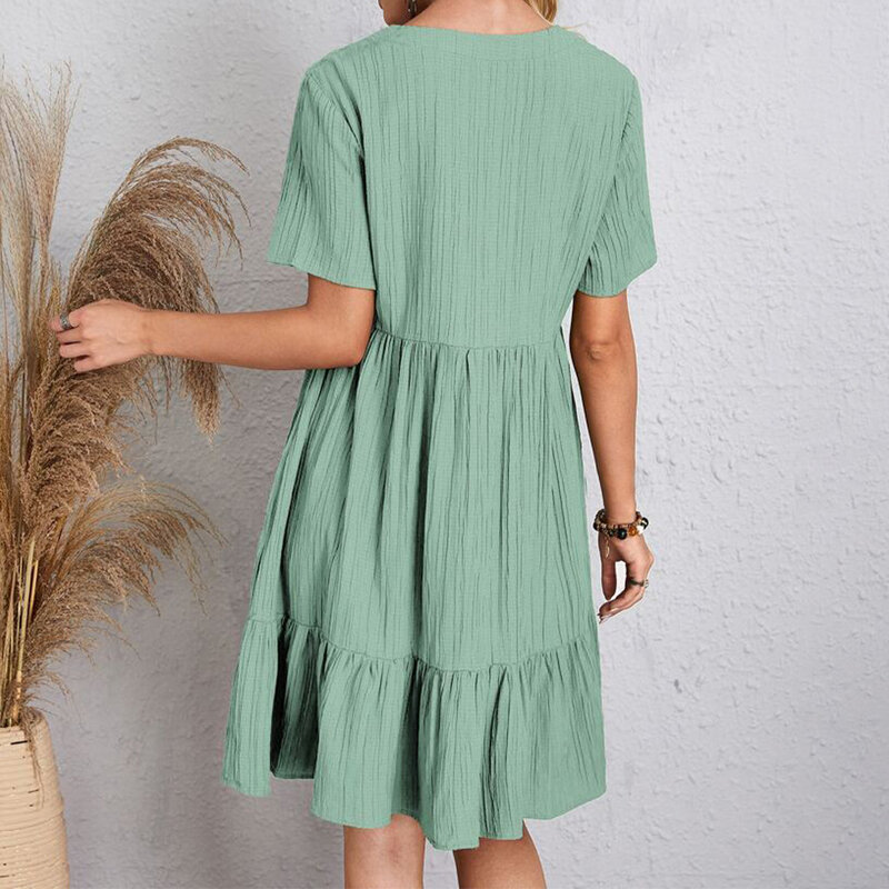 Summer Womens Short Sleeve Mini Dress Ladies Pleated Ruffle Solid Dresses Casual V Neck Vintage Loose Vestidos