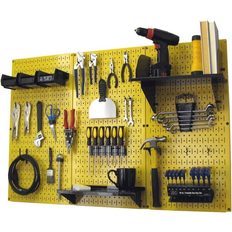 壁制御用メタルペグボード、標準ツール収納キット、黄色のツールボックス、黒のアクセサリー、4フィート