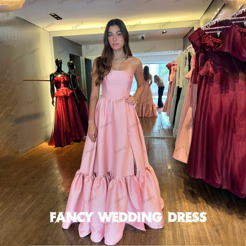 Fancy Roze Satijnen Avondjurk Strapless A Line Prom Gown Voor Vrouwen Eenvoudige Formele Gelegenheid Jurk Feestjurk
