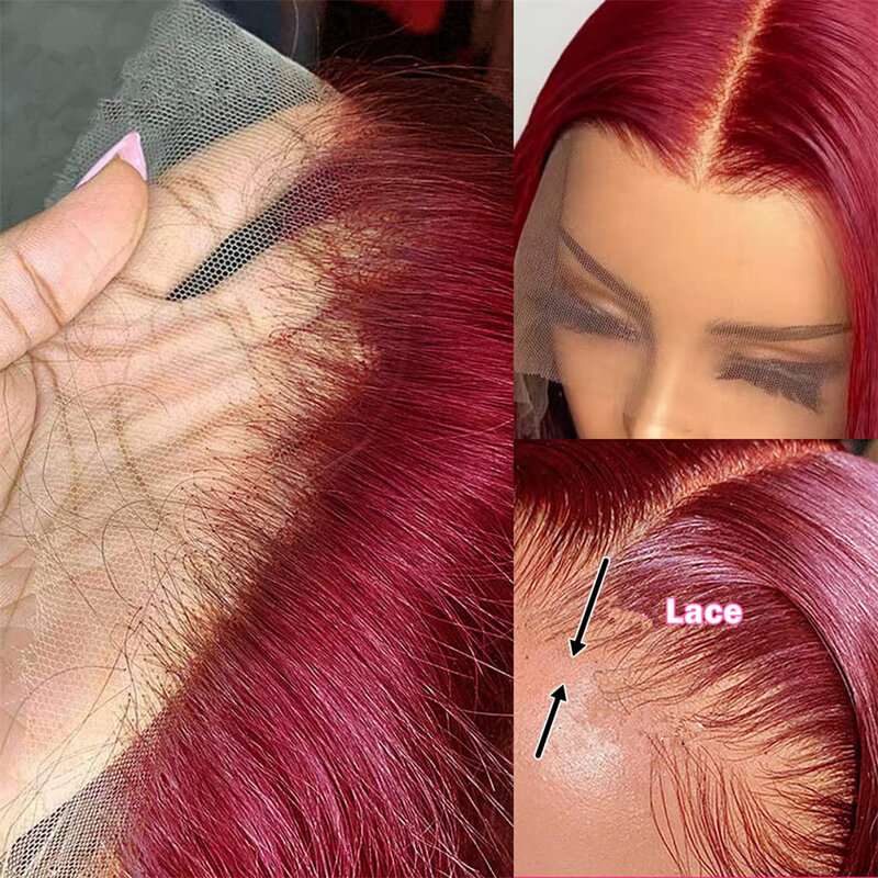 Borgonha peruca curta para mulheres, peruca frontal de renda transparente, parte lateral HD, perucas brasileiras de cabelo humano, pré arrancadas, 8 ", 99J