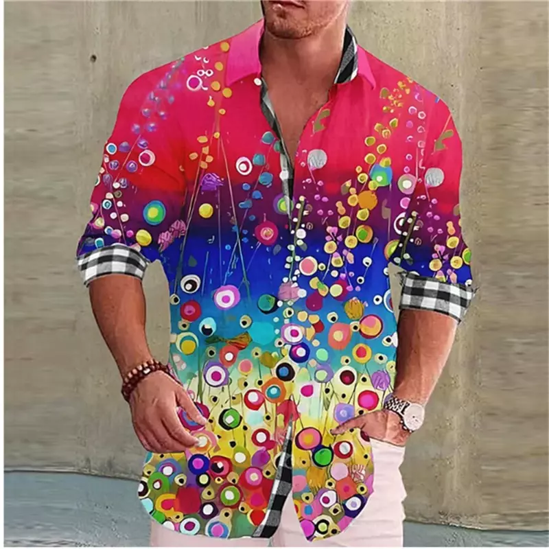 Camisa masculina de lapela de manga comprida, blusa casual elegante, flor colorida, macia e confortável, sedosa e suave