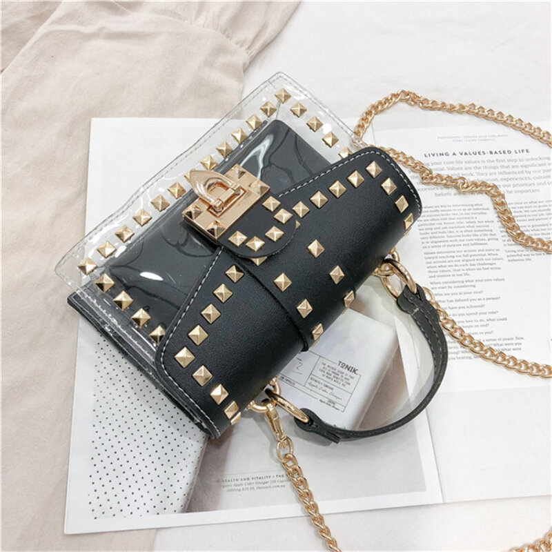 Women Clear Bags Small Square Bags Summer New Jelly Flap Purses PVC Rivets Shoulder Crossbody Bags Girls Casual Transparent Bags