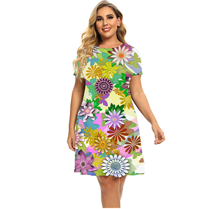 6XL Große Größe 2023 Frauen Kleidung Floral Power Print Kleid Mode Gradienten Kurzarm A-Line Kleid Sommerkleid Plus Größe Kleid
