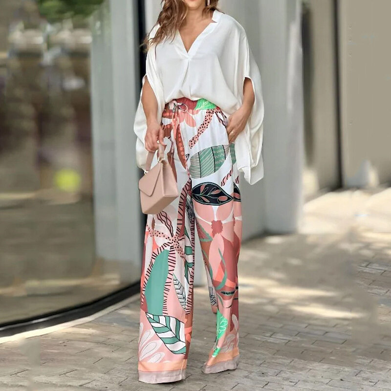 Women Pants Sets Two Pieces Set Batwing Sleeve V Neck Top Wide Leg Pants Pullover Casual Printing Loose Summer 2024 Pockets