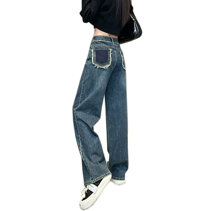 Calça jeans feminina de cintura alta de perna larga, perna reta solta, design de bolso colorido, esfregão de chão, calça jeans feminina casual
