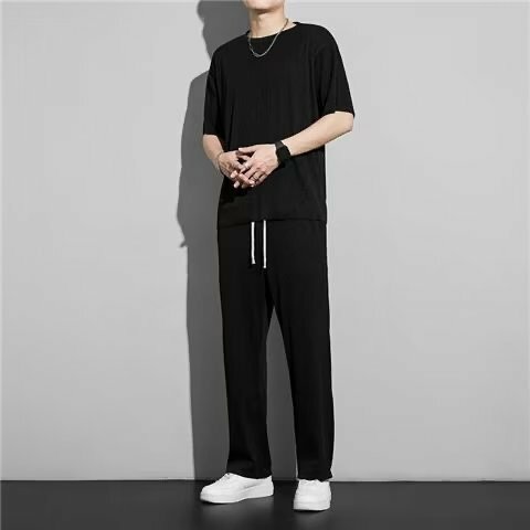 Conjunto deportivo de manga corta para hombre, pantalones y camisetas informales de moda coreana, ropa fina de hielo, verano, 2024
