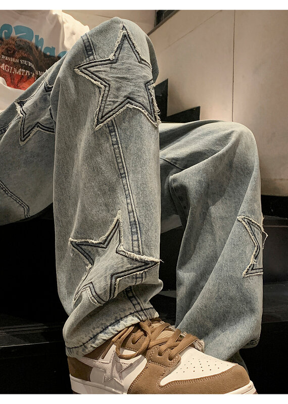 2023 Calças retas Wide Leg Jeans Vintage Homens Coreano Azul Streetwear Oversize Star Grunge Denim Pants Mulheres Roupas Y2K