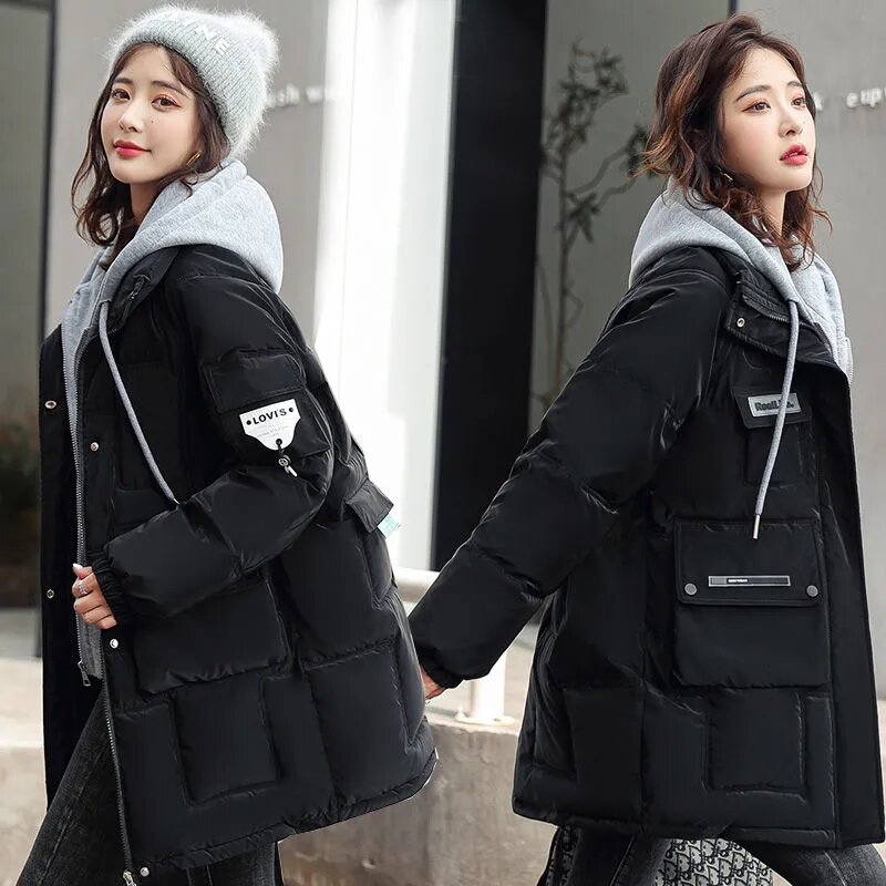 Корейское свободное пуховое хлопковое пальто с капюшоном из двух частей, новинка 2023 года, зимняя теплая куртка-парка, Студенческая верхняя одежда для девушек