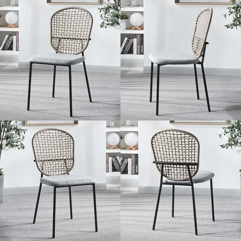 Country Dining Chairs with Woven Backrest Set of 4, Grey Metal Legs Upholstered Accent Side Chairs for Kitchen Dining Room