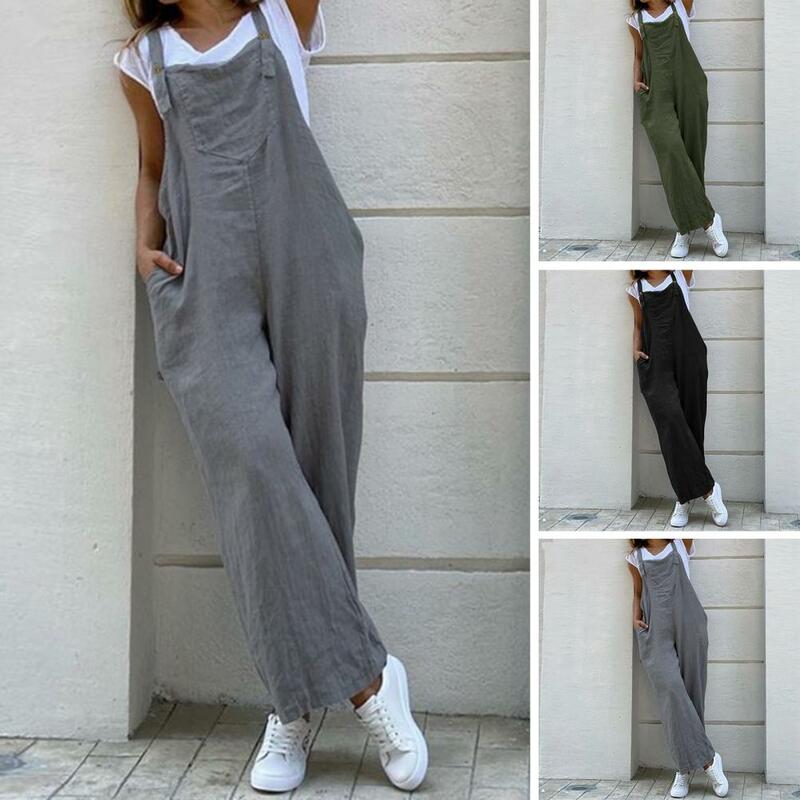 Lady Jumpsuit Straight Pants Deep Crotch Strappy Leisure Summer Romper Pure Colors Loose Type Summer Jumpsuit Garment