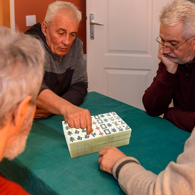 Juego de Mahjong chino para adultos, Mini juego completo de Majiang con 144 azulejos, Mah Jong de viaje, 2 Mahjong azulejos de reserva, 2 dados