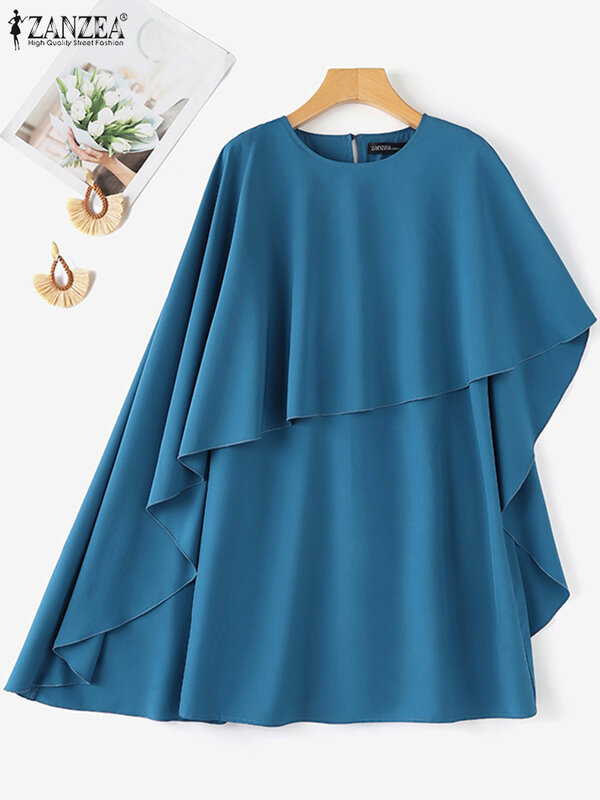 ZANZEA Women Sundress Elegant Mini Dress 2024 Summer 3/4 Bat Sleeve Casual Solid Color Ruffled Party Robe Loose Short Vestidos