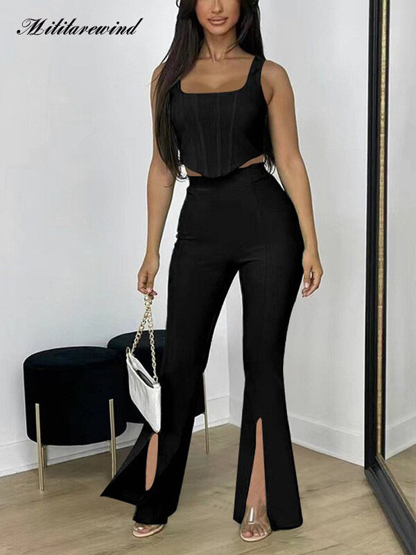 Spring Summer 2pieces Pant Set Women Sleeveless Tank Top And Full Length Slit Flare Pant Women Outfits For Women 2 Piece Set