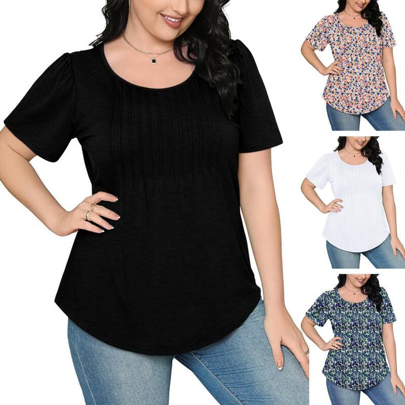 세련된 여성용 캐주얼 블라우스 티셔츠 컬렉션, O-넥 플리츠 티, 단색 루즈핏 풀오버, A