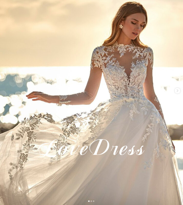 Księżniczka na szyję suknie ślubne z długim rękawem koronkowe aplikacje nowoczesne guziki suknie panny młodej iluzja Backless vestido de casamento