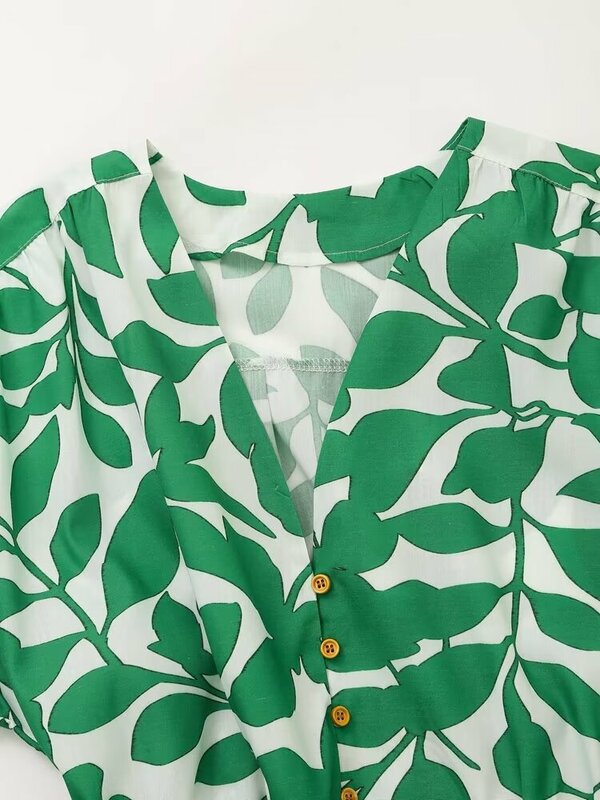Damen neue Mode mit Gürtel Knopf Dekoration lässig V-Ausschnitt gedruckt Midi-Kleid Retro Kurzarm Tasche Damen kleid Mujer