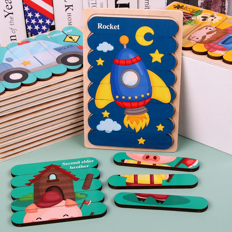 Baby Wooden Montessori Puzzle Child Game Wooden Puzzle 3D Cartoon Animal Puzzle Babies Toys Puzzles For Kids 1 2 3 Year Old
