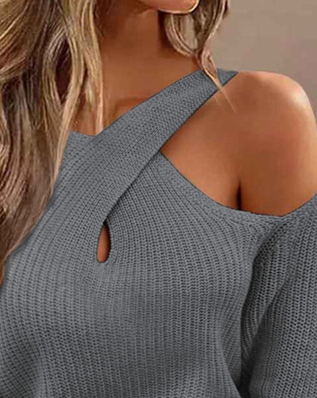 Women's Knitwear Sweater Fashion Sexy Hollow Out  Elegant Crisscross Cold Shoulder Sweater Temperament Pullover Street Sweater