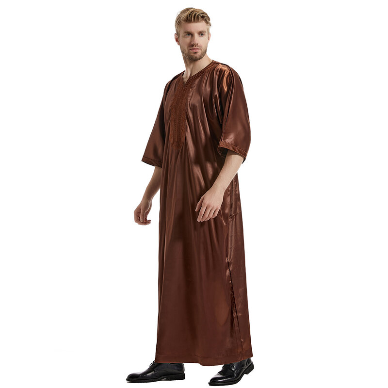男性用サテンアバヤ刺longロングドレス、eidラマダンイスラム教徒ドレス、ジュバのドレス、イスラムのサテンのカフタン、アバヤジュバh、dubai、arab