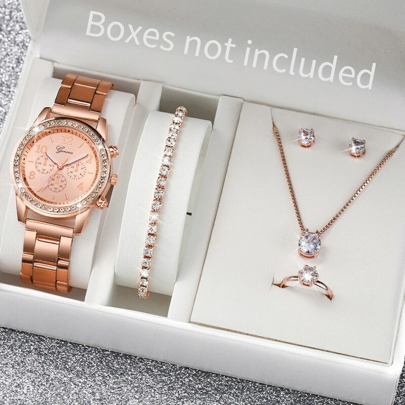 6pcs/set Fashion Women Stainless Steel Crystal Quartz Watch & Diamond Jewelry Set