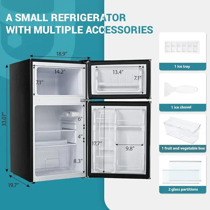 EUHOMY kulkas Mini dengan Freezer, 3.2 Cu.Ft kulkas kompak dengan freezer, 2 pintu penyimpanan makanan tegak atau minuman bir, HITAM
