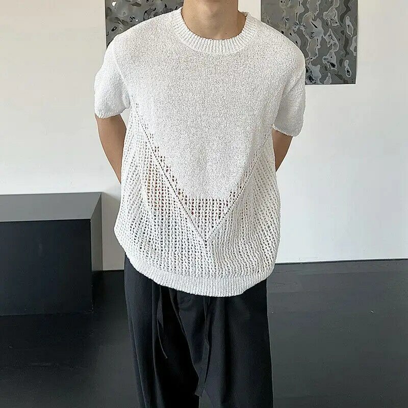 Suéter de manga corta ahuecado con personalidad para hombre, Camiseta de punto holgada que combina con todo, ropa de gran tamaño 2xl, negro y blanco, Verano