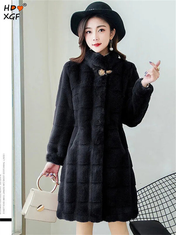Abrigos gruesos de piel sintética para mujer, chaquetas de longitud media, 5xl talla grande, elegantes y cálidas, moda coreana, diseñador de lujo, imitación de visón, 2023