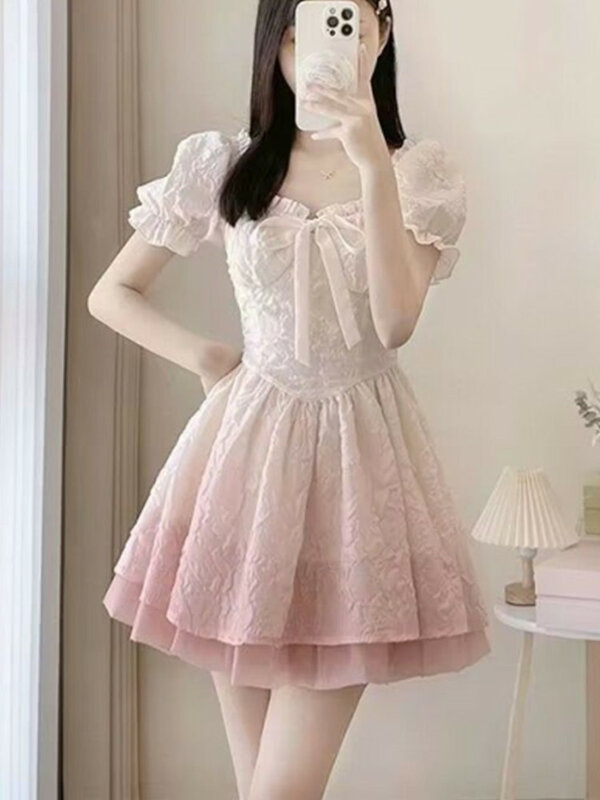 French Bubble Sleeves Square Neck Dress Summer New Sweet and Exquisite Waist Wrapped A-line Fluffy Short Skirt