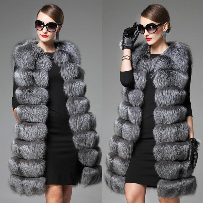 Colete longo de pele de raposa falso feminino, colete fino, casacos de pele falsos, colete quente, alta qualidade, luxo