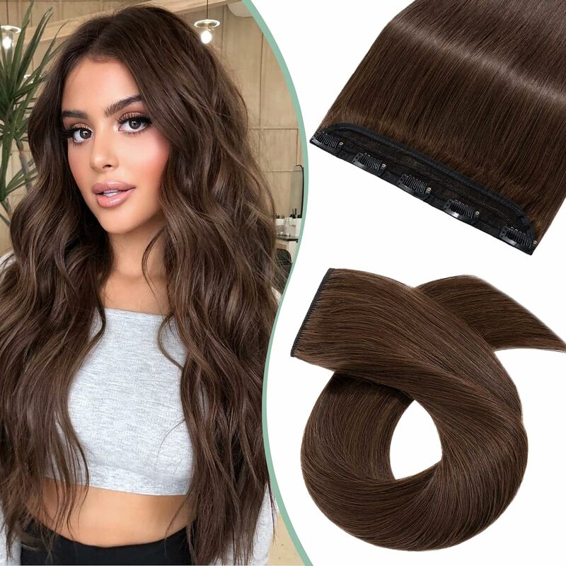 Straight One Piece Clip in Hair Extensions Real Human Hair 3/4 Full Head Shaped Weft Thicker Hair with 5Clips For Women #8 Color