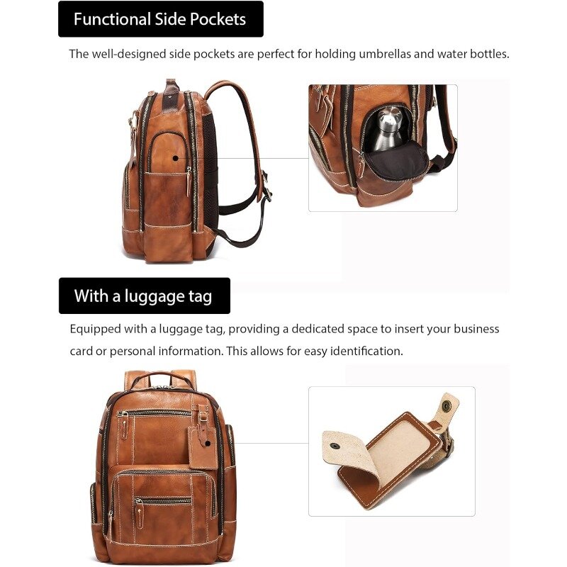 Genuine Leather Backpack for Men, 15.6" Laptop Backpack Camping Travel 24L Rucksack