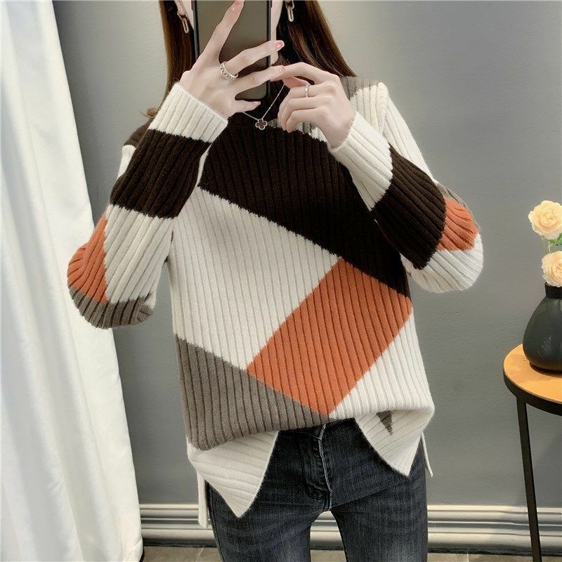 Women Half Turtleneck Jumper Sweater Ladies 2022 Winter Clothes Pullover Korean Fashion Knit Warm Long Sleeve Solid Splicing Top