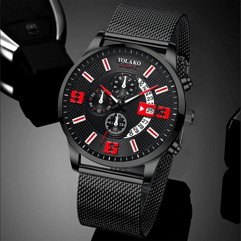 Reloj Hombre jam tangan pria, arloji bisnis kalender Stainless Steel sabuk jala Quartz