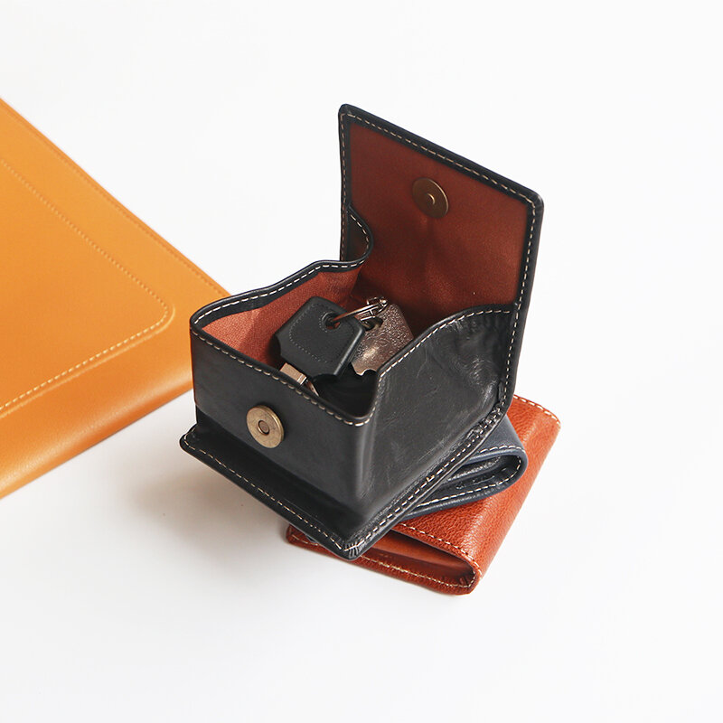 Dompet koin Mini persegi, Vintage portabel kasual casing koin kulit asli bisnis dompet kunci Retro klasik tas penyimpanan Earphone