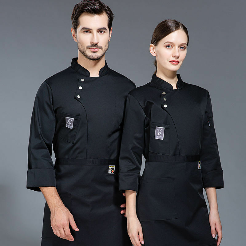 Uniforme de chef à manches longues avec logo, veste noire, t-shirt de chef, uniforme de restaurant, service alimentaire Chamonix, vêtements de cuisine respirants, nouveau