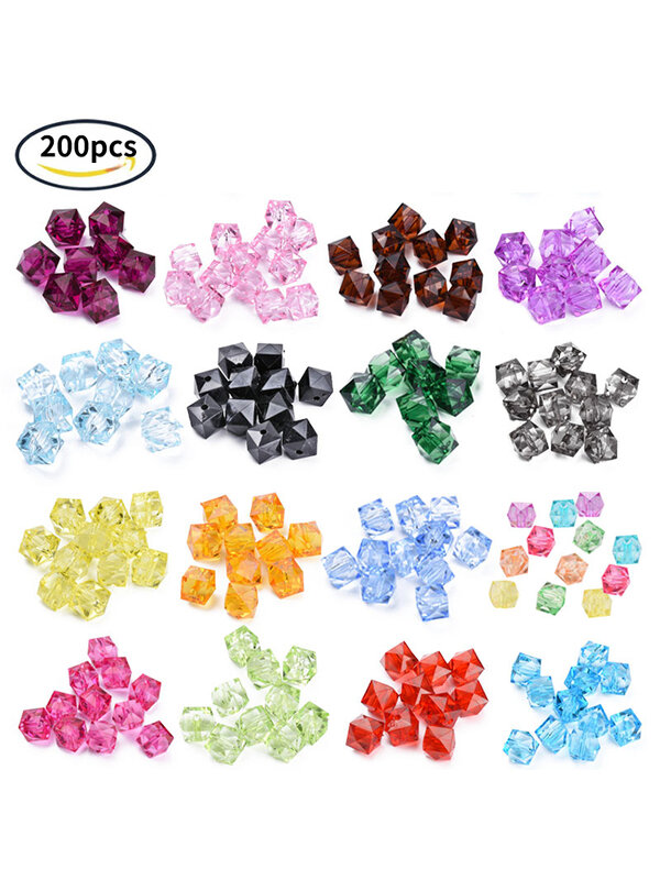 200 Pcs 8mm Transparent Acrylic Beads Faceted Cube Loose Beads Mixed Color Spacer Beads for Jewelry Making DIY Handmade Bag