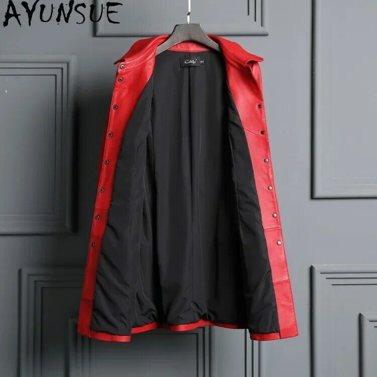 Женская кожаная куртка AYUNSUE, однотонная куртка средней длины из натуральной овчины, Осень-зима 2023