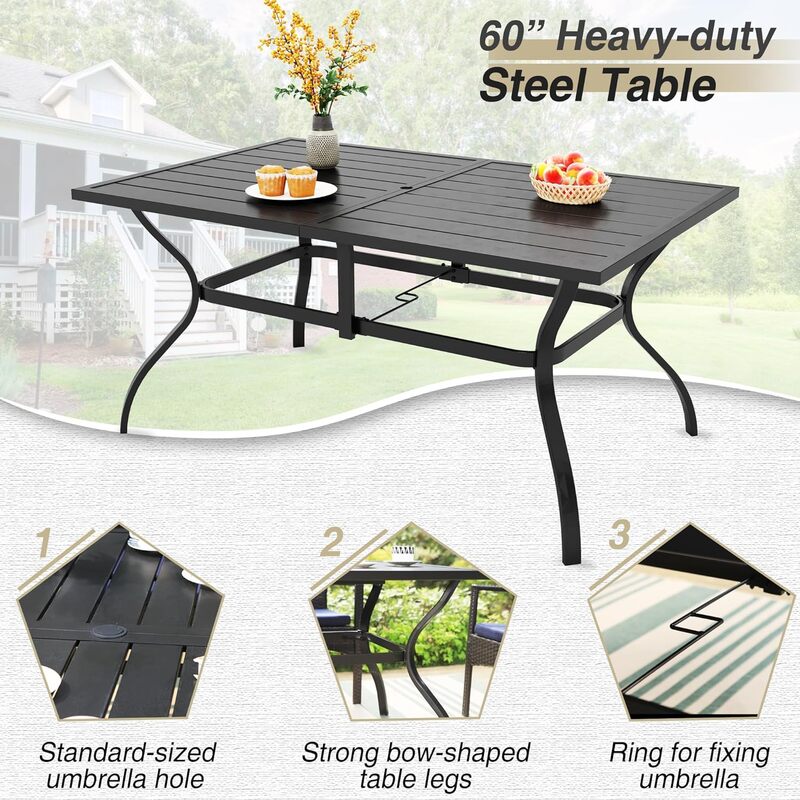 7 Pieces Outdoor Dining Set with Double-Sided Umbrella for 6, Rectangle Metal Dining Table & Cushioned Rattan Chairs Furniture
