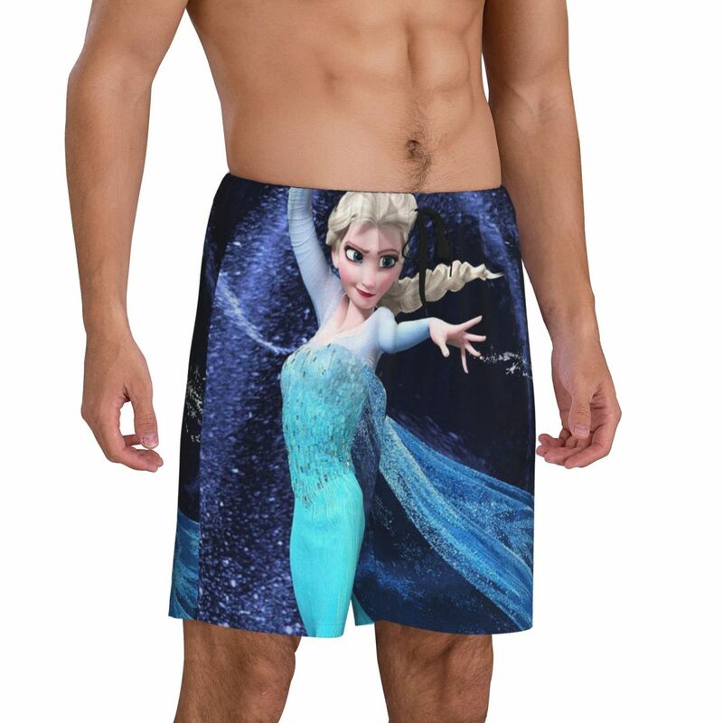 Custom Cartoon Frozen Pajama Bottoms for Men Animation Elsa Lounge Sleep Shorts Stretch Sleepwear Pjs with Pockets