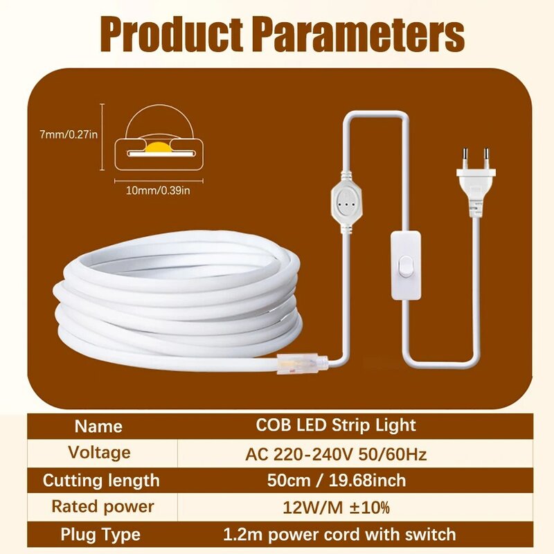 Impermeável LED Strip Lights, flexível Corda Luzes, cortável, alto brilho, COB, IP68, 50cm, 19.68in, 220V, 12 W/M