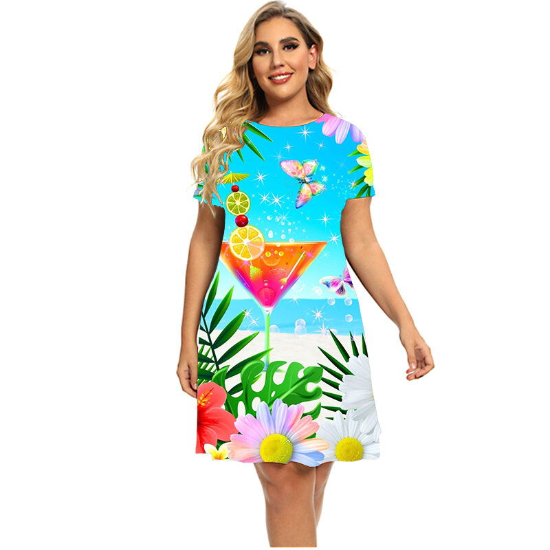 Moda verão legal suco de limão impressão 3d vestido feminino doce casual em férias vestido de praia solto plus size manga curta 6xl